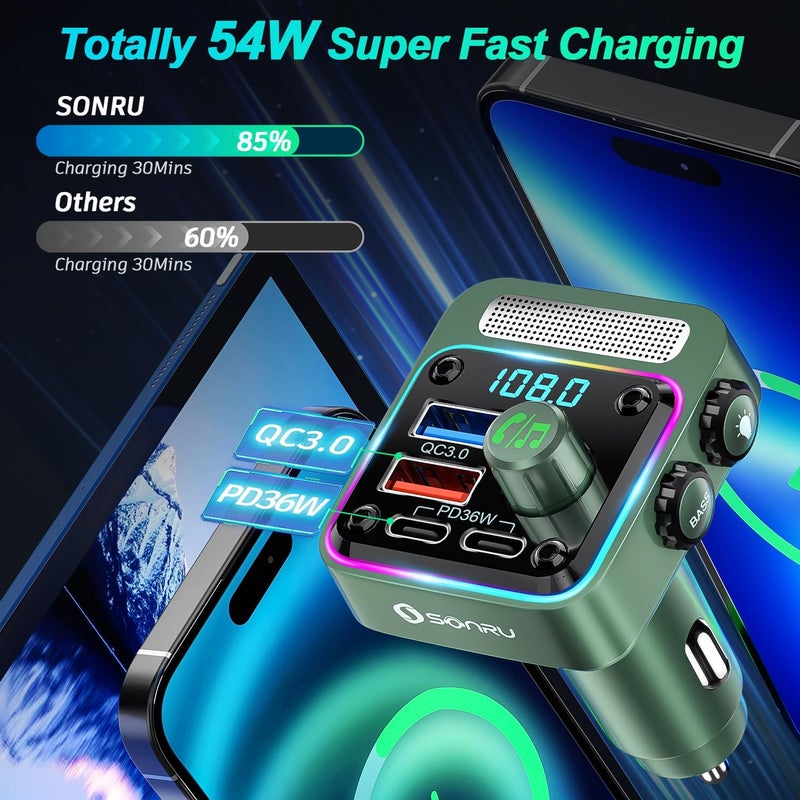 SONRU Bluetooth 5.3 FM Transmitter Car Adapter - Car Charger 54W [PD 36W & QC3.0 18W], Wireless FM Radio Transmitter [HiFi Treble & Bass Player], 5 Colors LED Backlit, Hands-Free Calling, U-Disk - Image 3